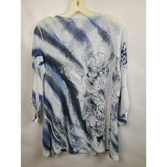 Impulse Womens Wearable Art Tunic Top Medium Blue White Lace 3/4 Sleeve - Picture 7 of 8